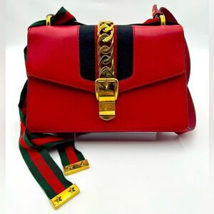 Auth Gucci Red Leather Sylvie Shoulder Bag Grosgrain Ribbon Ex+ Preloved Purse
